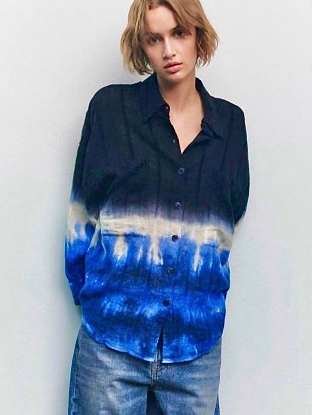 Zara Blue and White Tie-Dye Ombre Button-Down Shirt Linen Blend Women New